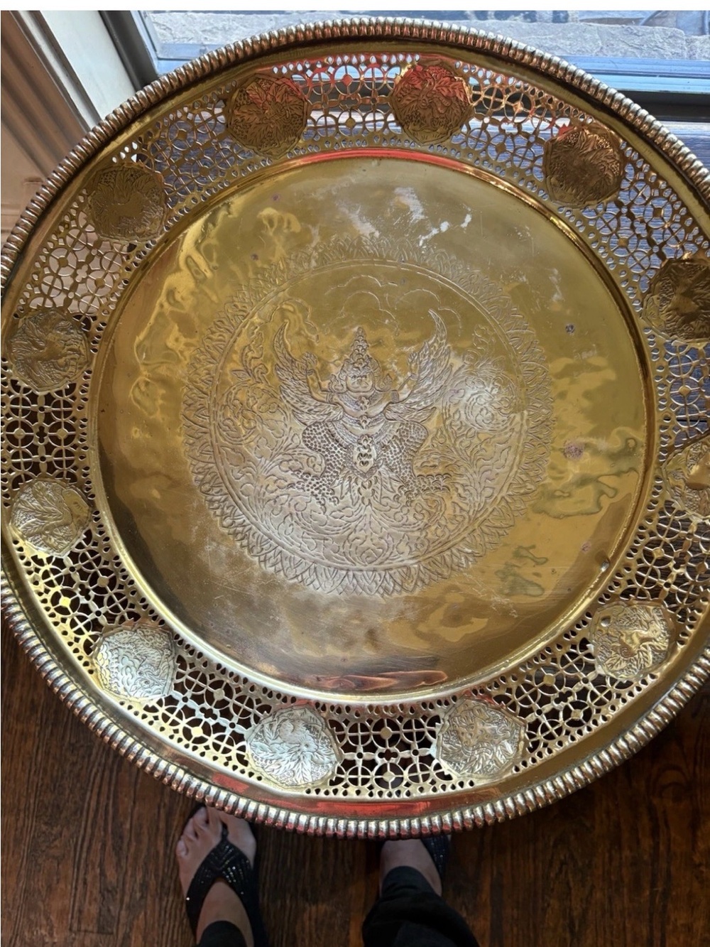 Decorative Gold Brass Serving Tray - Ornate Filigree Design